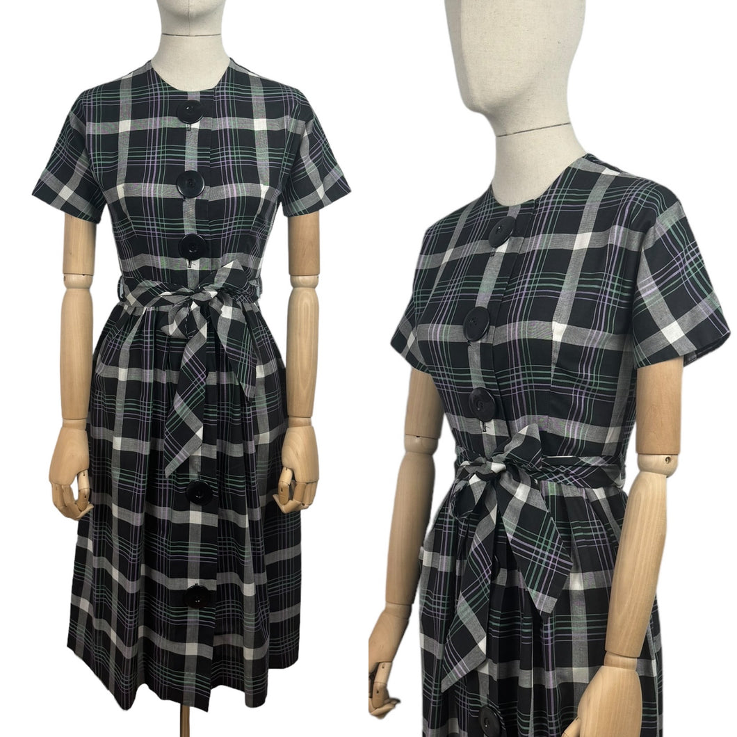 Original 1950's Black, Purple, White and Teal Plaid Cotton Belted Day Dress - Bust 32 34 *