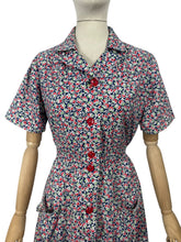 Load image into Gallery viewer, Original Volup 1930&#39;s Blue Cotton Dress with Pretty Floral Print in Red, Green and White - Bust 40 42

