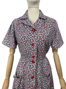 Original Volup 1930's Blue Cotton Dress with Pretty Floral Print in Red, Green and White - Bust 40 42