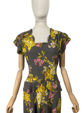 Load image into Gallery viewer, Original 1940's Dark Grey Floral Print Pink and Mustard Crepe Day Dress with Peplum - Bust 34 35 *
