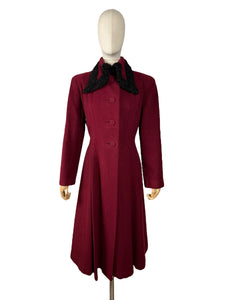 Exceptional Original 1930's 1940's Burgundy Wool Princess Coat with Astrakhan Collar - Bust 38