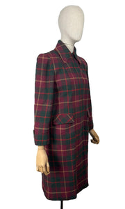 Original 1940's American Made Wool Plaid Coat in Burgundy, Green and Old Gold - Satin Lined - Bust 34 36