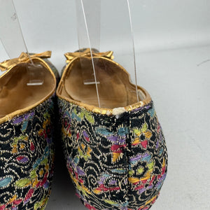 Original 1950’s Rainbow Floral Lounge Shoes with Gold Bow Trim - Charming Slippers - Size 5.5 or 6 *