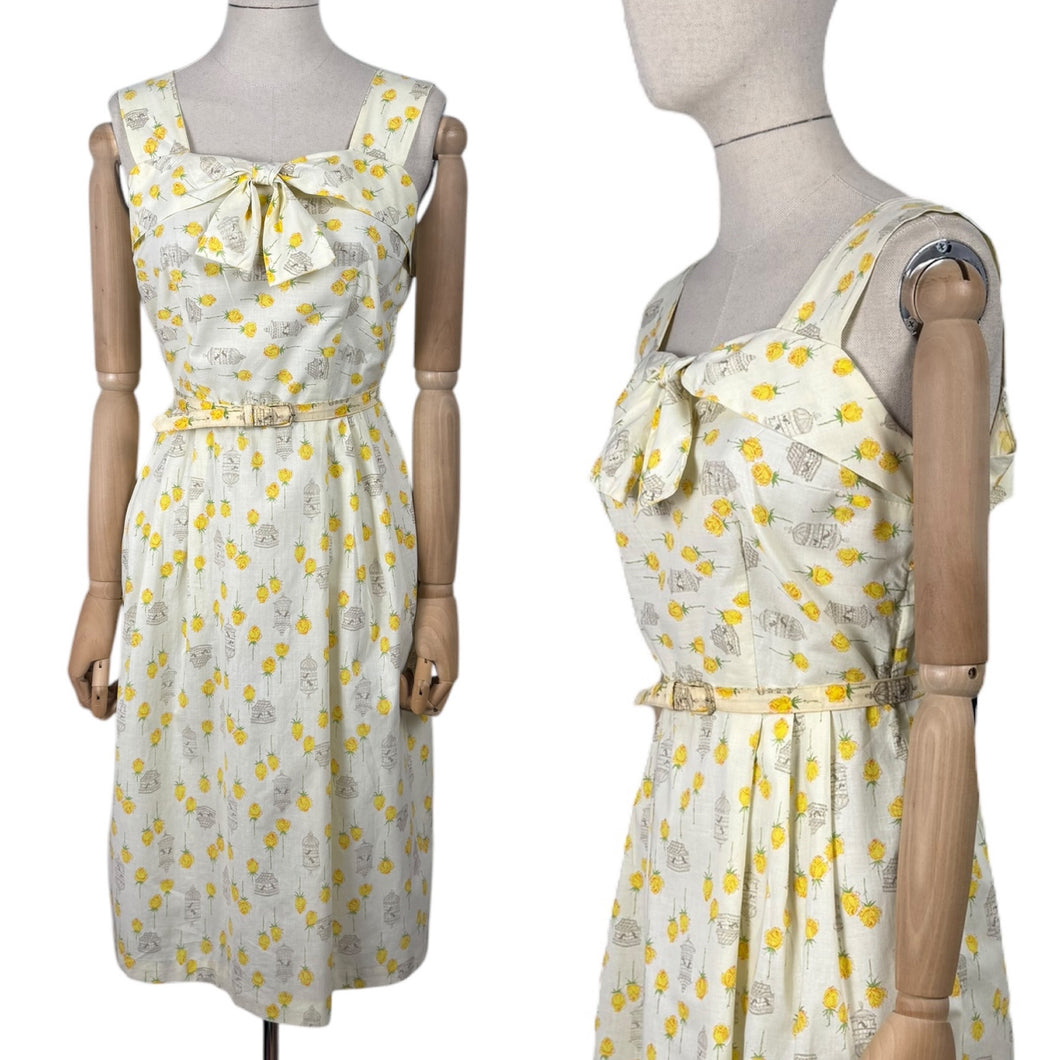 Original 1950's Yellow, Green and Brown Novelty Print Sleeveless Belted Day Dress with Roses, Birds and Birdcage Print - Bust 38