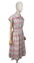 Load image into Gallery viewer, Original Late 1940&#39;s Ritchwear Floral Cotton Stripe Day Dress in White, Black, Pink, Yellow and Blue - Bust 37
