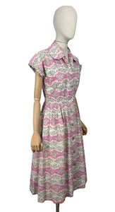 Original Late 1940's Ritchwear Floral Cotton Stripe Day Dress in White, Black, Pink, Yellow and Blue - Bust 37