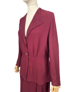 Stunning Original 1940's Burgundy Two Piece Crepe Suit with Soutache and Trapunto Quilting - Bust 40 42