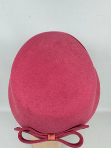 Original 1950's Fuchsia Pink Felt Hat with Pleated Satin Trim and Felt Bow