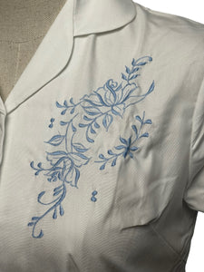 Original 1950's White Cotton Deadstock Blouse with Pale Blue Embroidery - Bust 36