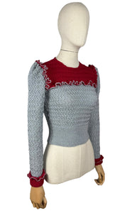 1940s Reproduction Long Sleeved Jumper in Cherry Red and Light Grey with Frill Trim - Bust 34 36