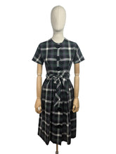 Load image into Gallery viewer, Original 1950&#39;s Black, Purple, White and Teal Plaid Cotton Belted Day Dress - Bust 32 34 *
