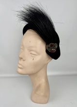 Load image into Gallery viewer, Original 1940&#39;s 1950&#39;s Black Felt Joseph&#39;s Inc Hat with Beaded Crown and Feather Trim
