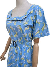 Load image into Gallery viewer, Original Late 1940's or Early 1950's Blue Cotton Belted Day Dress with Yellow and White Paisley Print - Bust 40
