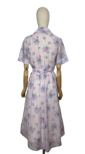 Original 1950's Purple Nylon Belted Day Dress with Pink and Green Bold Floral Print - Bust 36 38