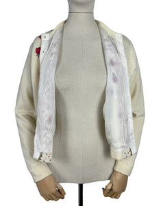 Original 1950's Season's Fashions Wool Cardigan with Pretty Floral Embroidery and Faux Pearl Buttons - Bust 38