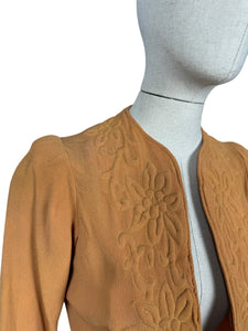 Original 1930’s Golden Ochre Crepe Jacket with Tapunto Quilting - Bust 32 34