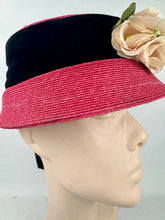 Load image into Gallery viewer, Original 1950's Cherry Red Straw hat with Wide Black Velvet Trim and Cream and White Floral Trim
