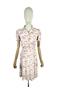 Original Late 1930's Petite Length Floppy Cotton Floral Day Dress in White, Coral, Pink and Yellow - Bust 32 34