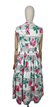 Load image into Gallery viewer, Original 1950&#39;s Crisp White Cotton Day Dress with Stripes and Roses Print - Bust 36
