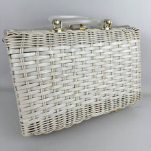 Load image into Gallery viewer, Original 1950&#39;s Princess Charming by Atlas White Wicker Bag with White Lucite Handles and Real Shell Decoration
