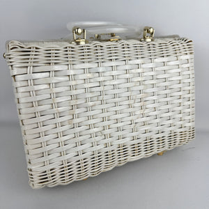 Original 1950's Princess Charming by Atlas White Wicker Bag with White Lucite Handles and Real Shell Decoration