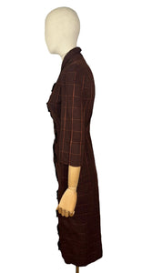 Original 1950's Brock and Rust Wool Plaid Wiggle Dress with Amazing Button Detail - Bust 32