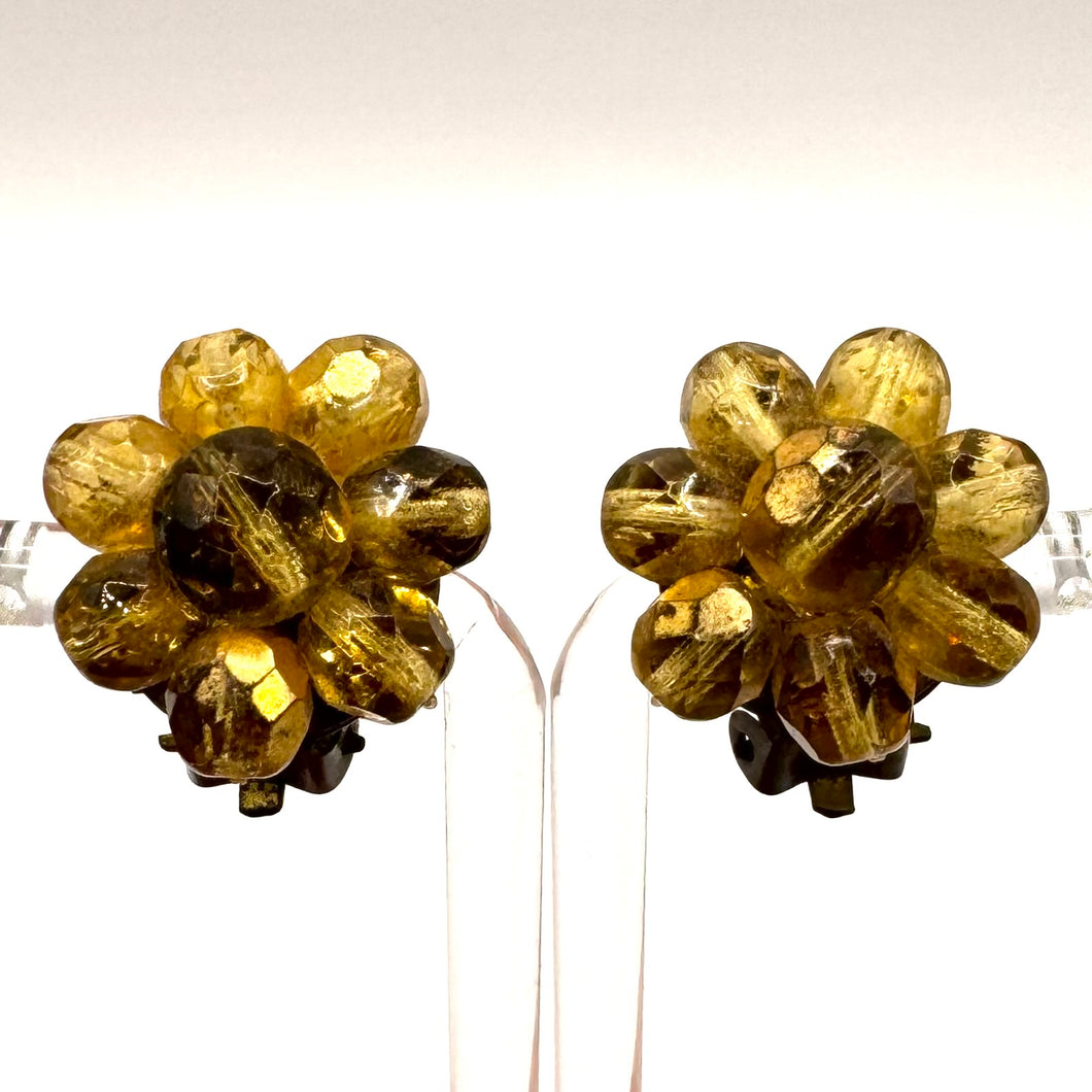 Original 1950's Mid Century Faceted Golden Glass Bead Clip on Flower Earrings