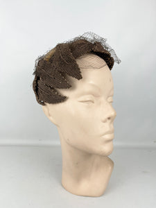 Original 1950's Brown Velvet and Net Hat with Leaf Decoration by Marshall & Snelgrove *
