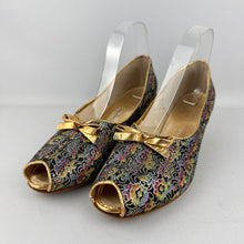 Load image into Gallery viewer, Original 1950’s Rainbow Floral Lounge Shoes with Gold Bow Trim - Charming Slippers - Size 5.5 or 6 *
