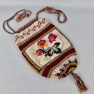 Antique Edwardian Crochet Drawstring Bag with Embroidered Floral Panels