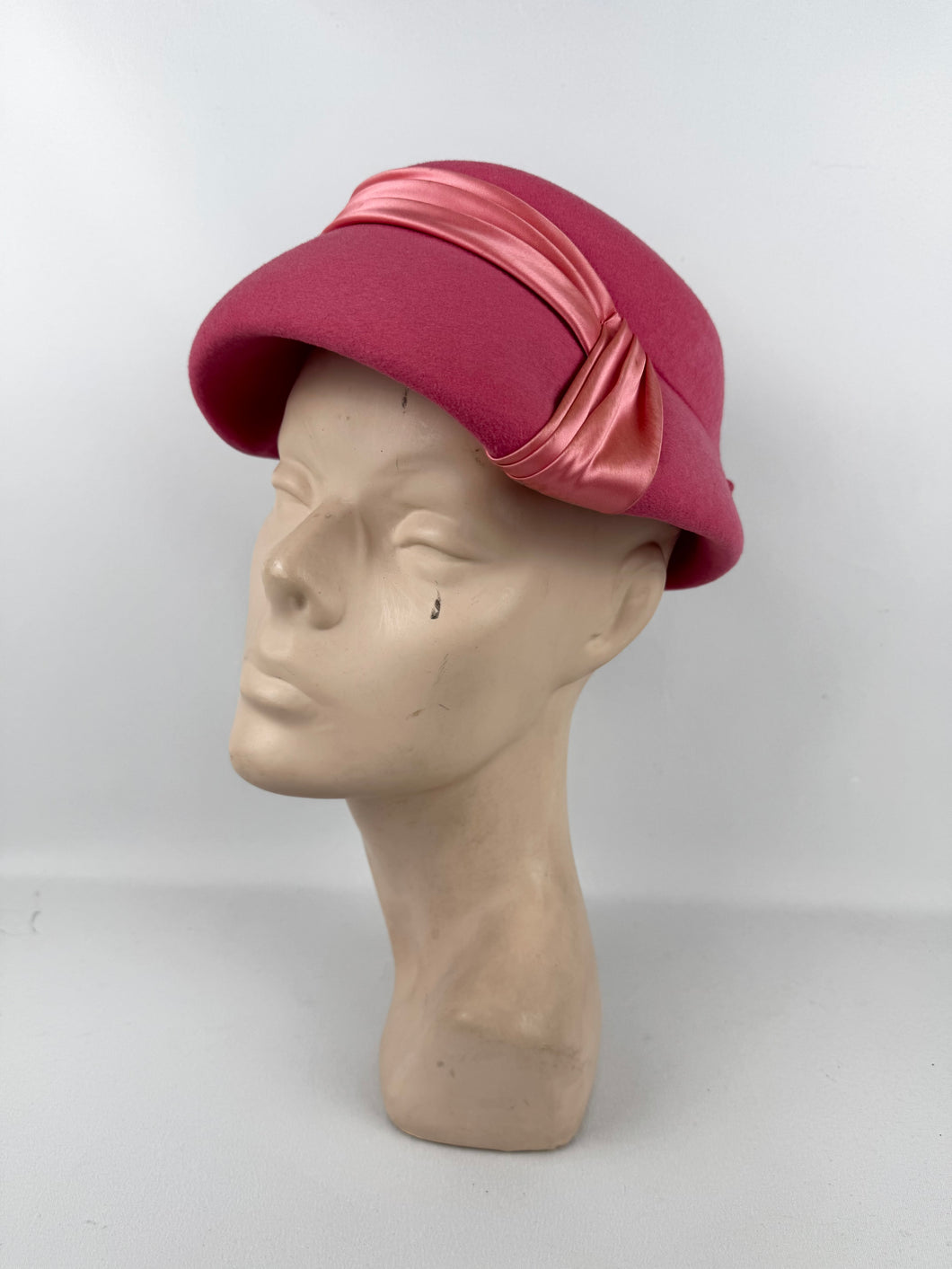 Original 1950's Fuchsia Pink Felt Hat with Pleated Satin Trim and Felt Bow