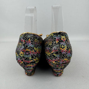 Original 1950’s Rainbow Floral Lounge Shoes with Gold Bow Trim - Charming Slippers - Size 5.5 or 6 *