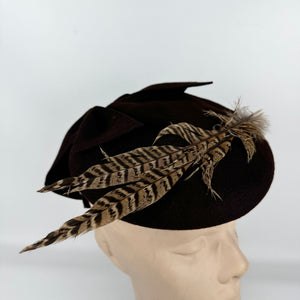 Original 1940's New York Creation Brown Felt Topper Hat with Pheasant Feather Trim