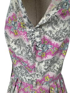 Original Late 1940's Ritchwear Floral Cotton Stripe Day Dress in White, Black, Pink, Yellow and Blue - Bust 37