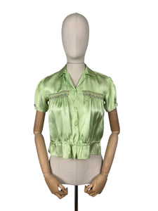 Original 1940’s Pale Green Artificial Silk Blouse with Colourful Smocking Detail - Bust 34 36