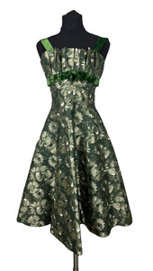 Original Kitty Copeland Green 1950's Nylon and Velvet Floral Cocktail Dress - Bust 30 32