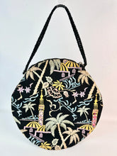 Load image into Gallery viewer, Original 1920&#39;s Black Cotton Bag with Vibrant Silk Embroidery of Flowers, Palm Trees and Buildings *
