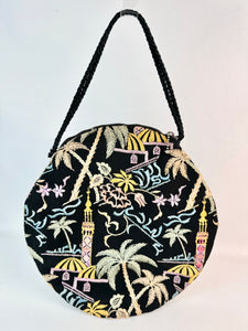 Original 1920's Black Cotton Bag with Vibrant Silk Embroidery of Flowers, Palm Trees and Buildings *