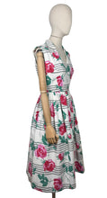 Load image into Gallery viewer, Original 1950&#39;s Crisp White Cotton Day Dress with Stripes and Roses Print - Bust 36
