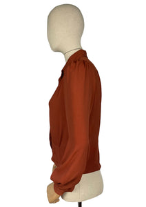 1940's Reproduction Blouse in Rust Crepe with Double Button Closure in Burgundy - Bust 34 36