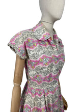 Load image into Gallery viewer, Original Late 1940&#39;s Ritchwear Floral Cotton Stripe Day Dress in White, Black, Pink, Yellow and Blue - Bust 37
