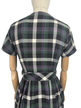 Load image into Gallery viewer, Original 1950&#39;s Black, Purple, White and Teal Plaid Cotton Belted Day Dress - Bust 32 34 *
