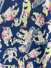 Load image into Gallery viewer, Original 1930’s 1940’s Blue, Pink and Green Pure Silk Scarf Featuring Snow White’s Seven Dwarfs Playing Instruments
