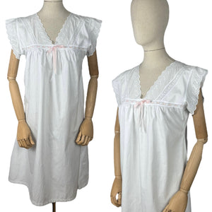 Antique Edwardian Crisp White Cotton Shift with Broderie Anglaise and Peach Ribbon Trim