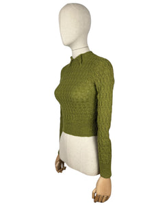 Reproduction 1930's Hand Knitted Long Sleeved Jumper in Lily Pad Green - Bust 32 34