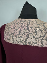 Load image into Gallery viewer, Original 1930's Petite Length Burgundy Crepe Long Sleeved Belted Day Dress with Lace Detail - Bust 34
