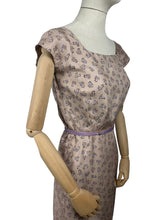 Load image into Gallery viewer, Original 1950&#39;s Pure Silk Squirrel Novelty Print Belted Wiggle Dress in Taupe and Purple - Bust 36
