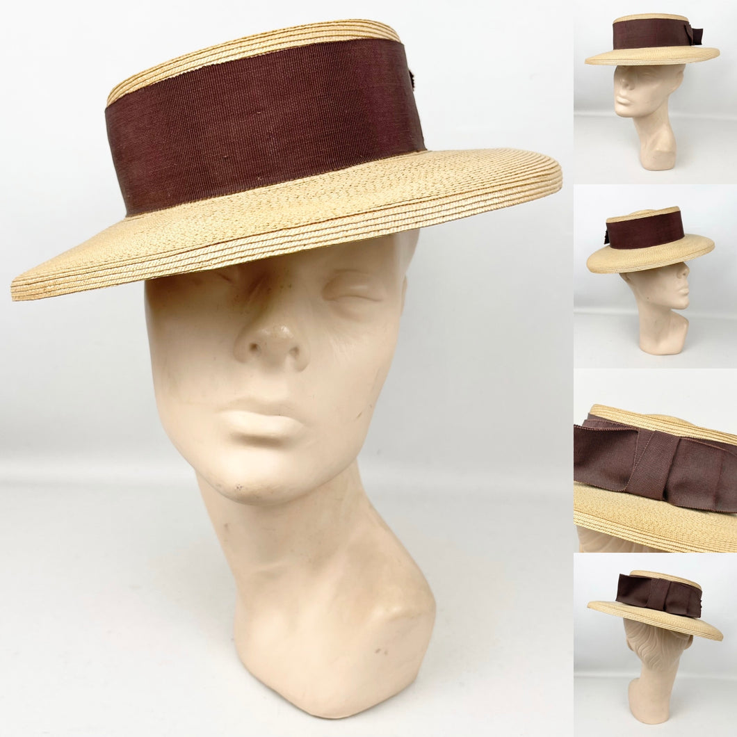 Original 1940’s Natural Straw Hat with Wide Brown Grosgrain Trim and Bow - Perfect Summer Hat