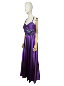 Original 1950's Purple Satin Evening Dress with Beautiful Sequin Detail - Bust 40 *