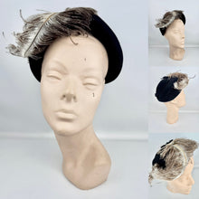 Load image into Gallery viewer, Original 1950’s Black Felt Hat with Large Ostrich Feather and Paste Trim by Wilmine
